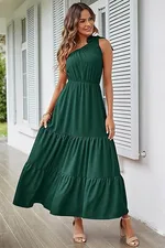 New Women's Solid Color Long Dress Knot One Shoulder Sleeveless Pleated - Dark Green