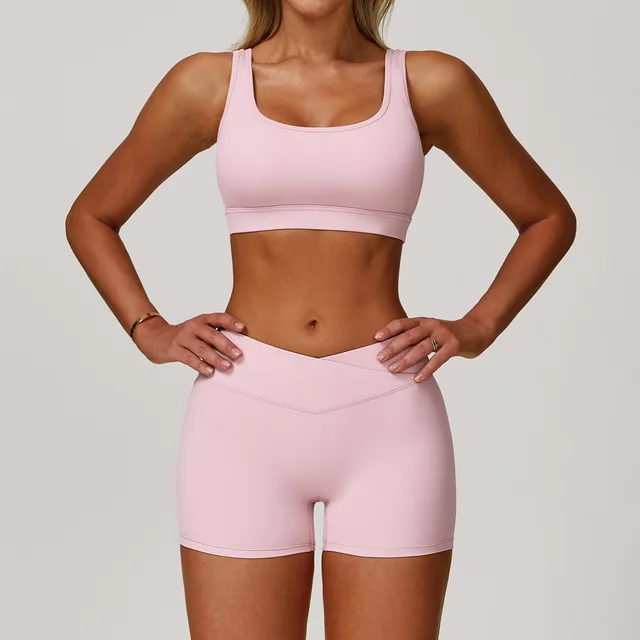 Women's Solid Color Casual Yoga Beauty Back Exercise Suit Bra Shorts Pink - Shop at LoveMi