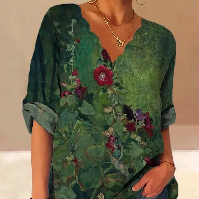 European And American Autumn Fluted Collar Cotton And Linen Retro Printed Shirt Women Green - Shop at LoveMi