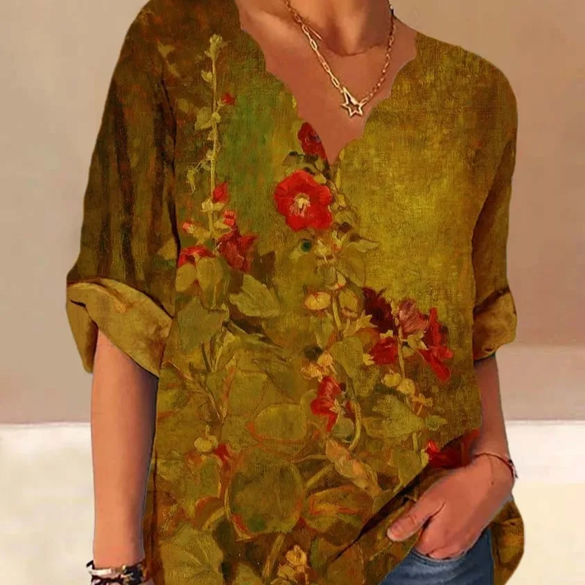 European And American Autumn Fluted Collar Cotton And Linen Retro Printed Shirt Women - Khaki - View 1