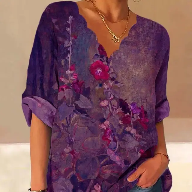 European And American Autumn Fluted Collar Cotton And Linen Retro Printed Shirt Women Purple - Shop at LoveMi