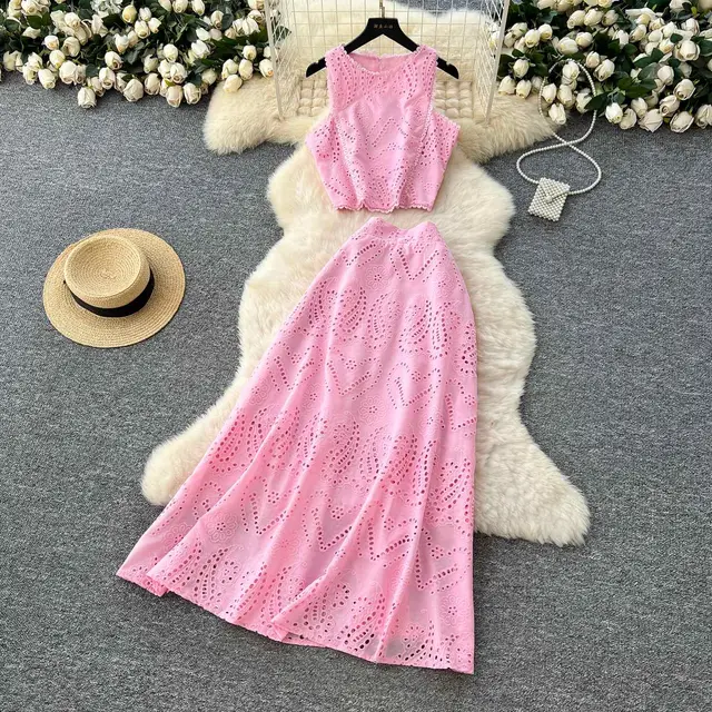 Hollow out Crocheted Sleeveless Vest Top High Waist Skirt Suit Pink - Shop at LoveMi