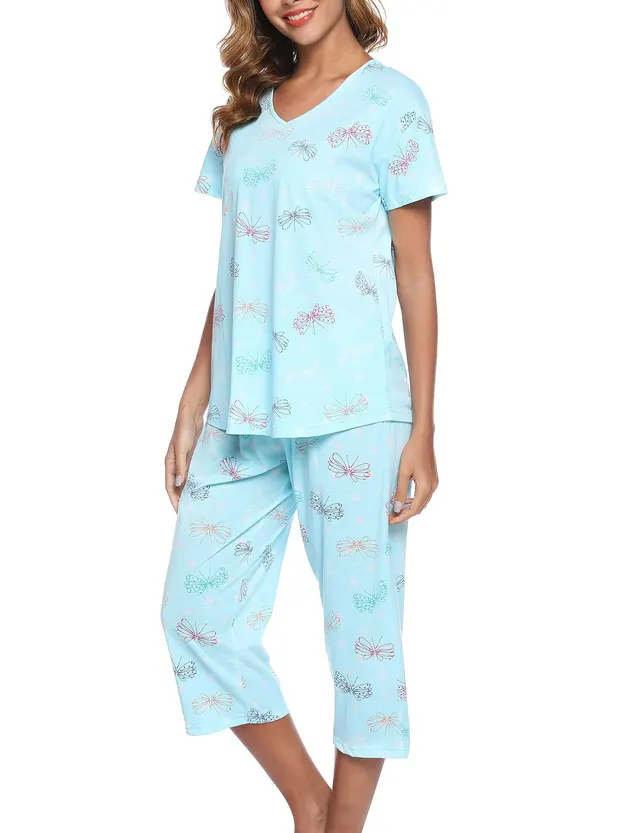 Short sleeved Cropped Pants Suit Knitted Cotton Plus Size Women's Pajama Suit Suit Blue Butterfly - Shop at LoveMi