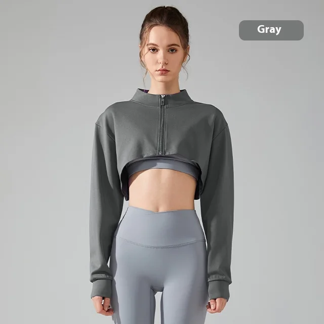 Short Navel Yoga Clothes Coat Long Sleeve Stand Collar Gray - Shop at LoveMi