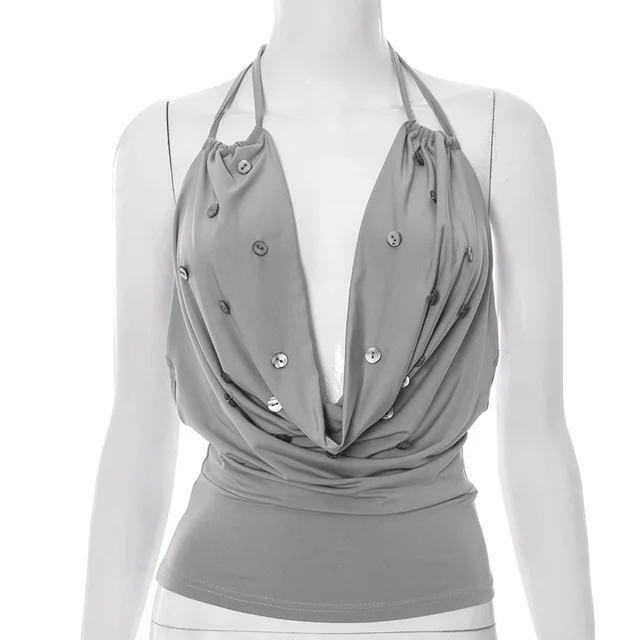 Summer Women's Button Lace up Halterneck Spaghetti strap Camisole Top Gray - Shop at LoveMi