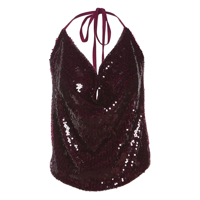 Sexy Halter Lace up Backless Sequined Vest For Women Wine Red - Shop at LoveMi