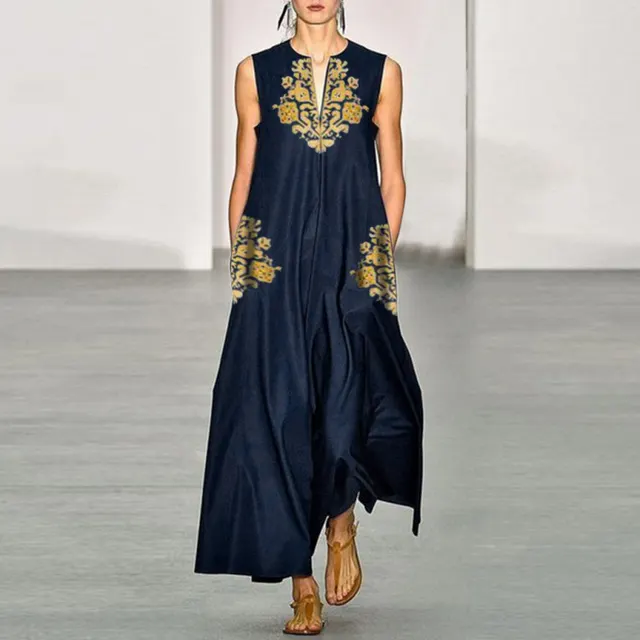 Retro Deep V neck Printed Large Swing Dress Sleeveless Dark Blue 8632A - Shop at LoveMi