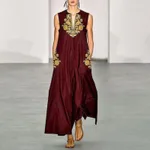 Retro Deep V-neck Printed Large Swing Dress Sleeveless - Wine