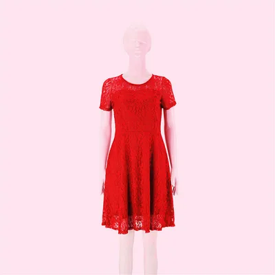 Round Neck Short Sleeve Lace Dress Red - Shop at LoveMi