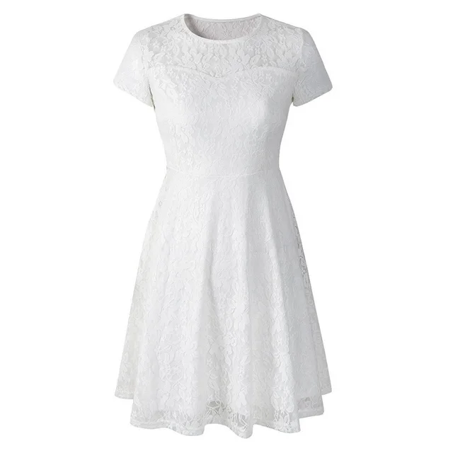 Round Neck Short Sleeve Lace Dress White - Shop at LoveMi
