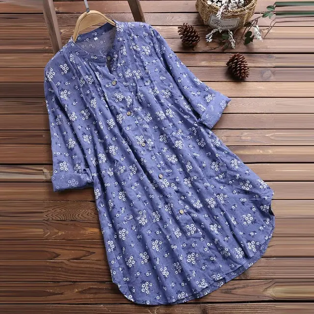 Stand Collar Loose Casual Women's Shirt Blue - Shop at LoveMi