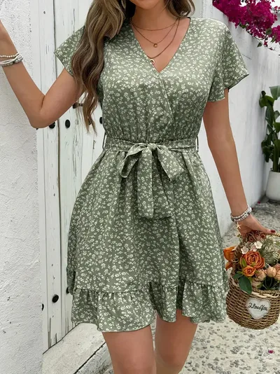 Summer French High Waist Floral Tie neck V neck Short Sleeve Dress Green - Shop at LoveMi