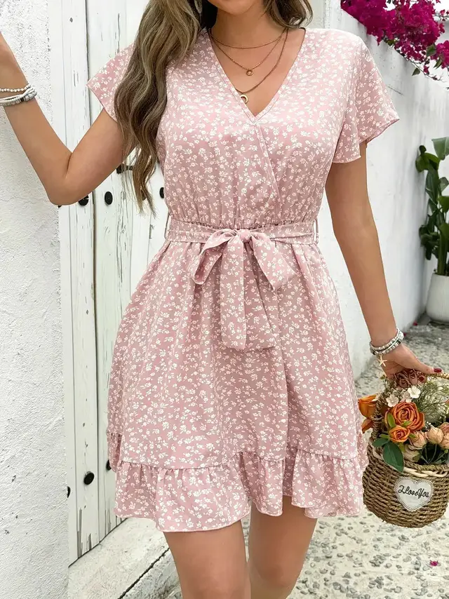 Summer French High Waist Floral Tie neck V neck Short Sleeve Dress Pink - Shop at LoveMi