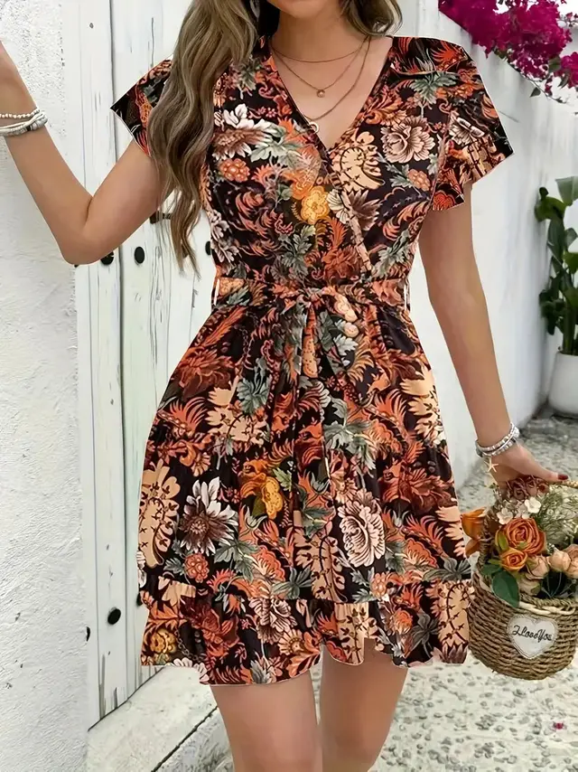 Summer French High Waist Floral Tie neck V neck Short Sleeve Dress Red - Shop at LoveMi