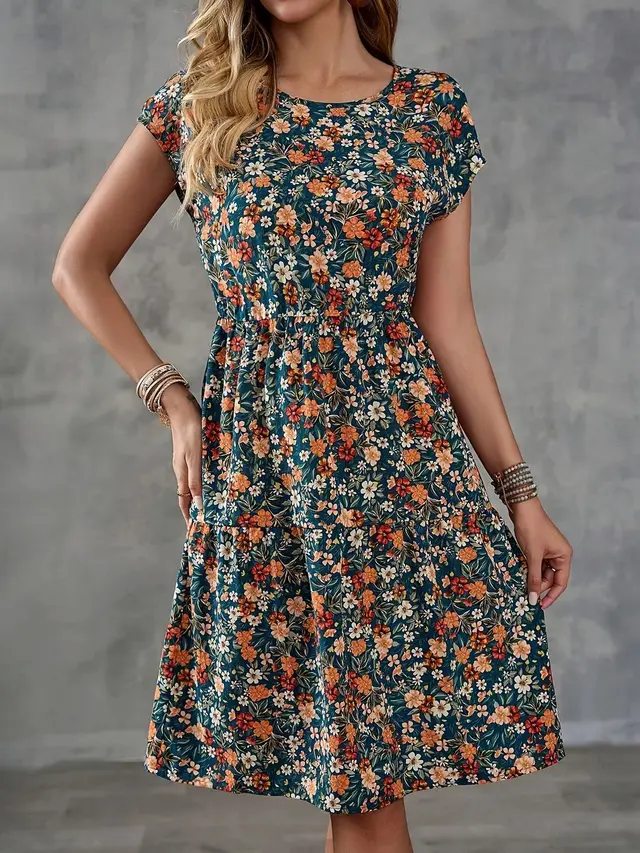 Casual Printed Elastic Waist Round Neck Short Sleeve Dress Sea Blue - Shop at LoveMi