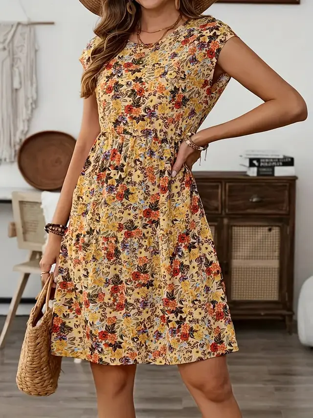 Casual Printed Elastic Waist Round Neck Short Sleeve Dress Yellow - Shop at LoveMi
