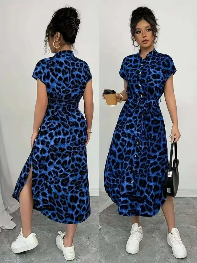 Leopard Print Front Button Shirt Belt Bow Shirt For Women Blue - Shop at LoveMi