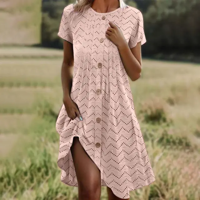 Loose fitting Casual Round neck Short Sleeve Women's Dress Peach - Shop at LoveMi