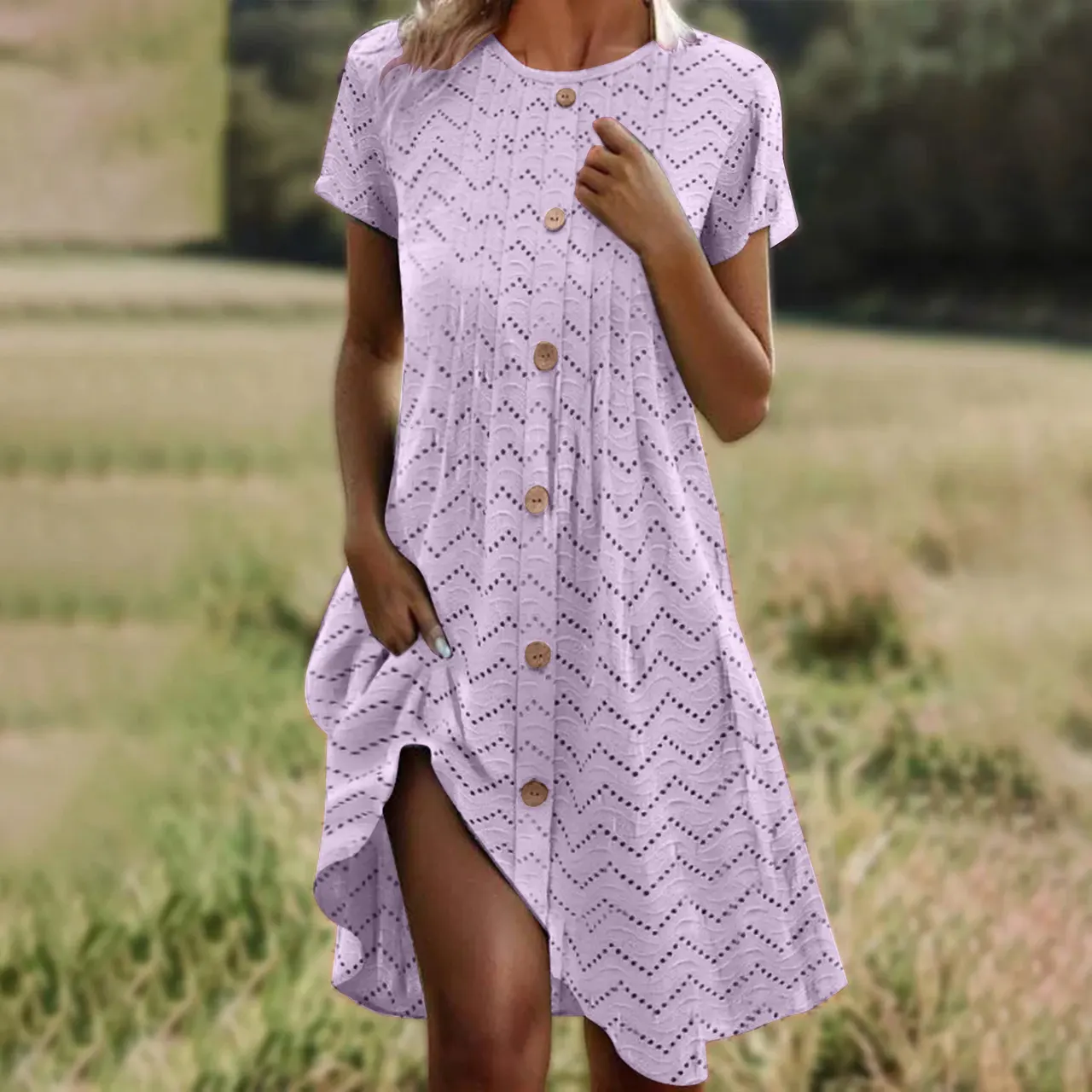 Loose-fitting Casual Round-neck Short Sleeve Women's Dress - Violet