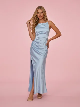 Solid Color Sexy Backless Slit Mid-length Sleeveless Sling Dress - Blue