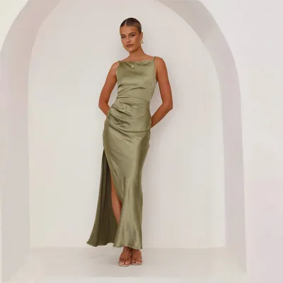 Solid Color Sexy Backless Slit Mid length Sleeveless Sling Dress Green - Shop at LoveMi