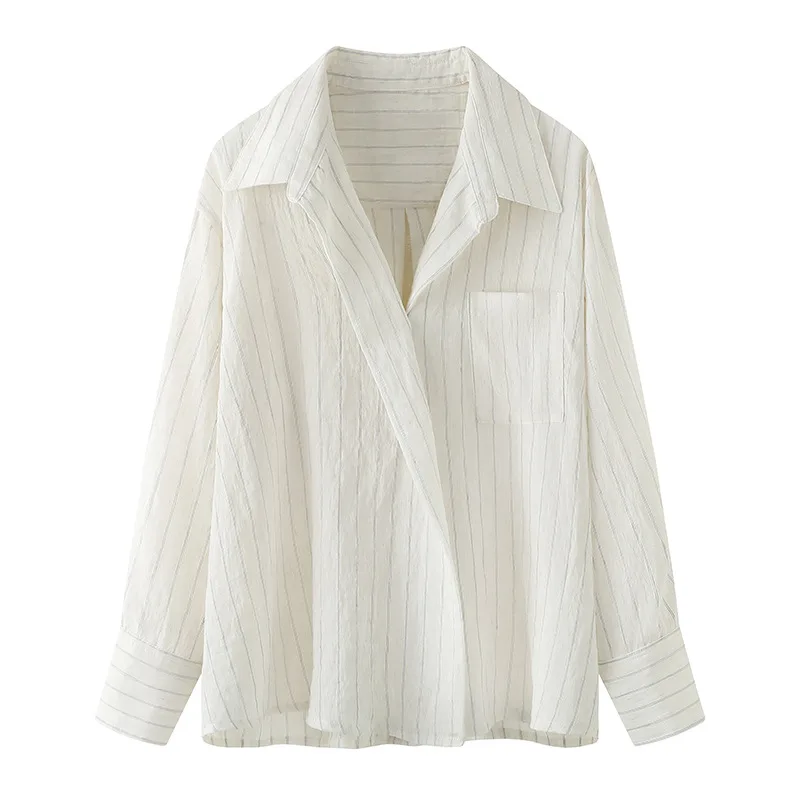 Autumn New Elegant Striped Patch Pocket Shirt Top For Women Beige - Shop at LoveMi