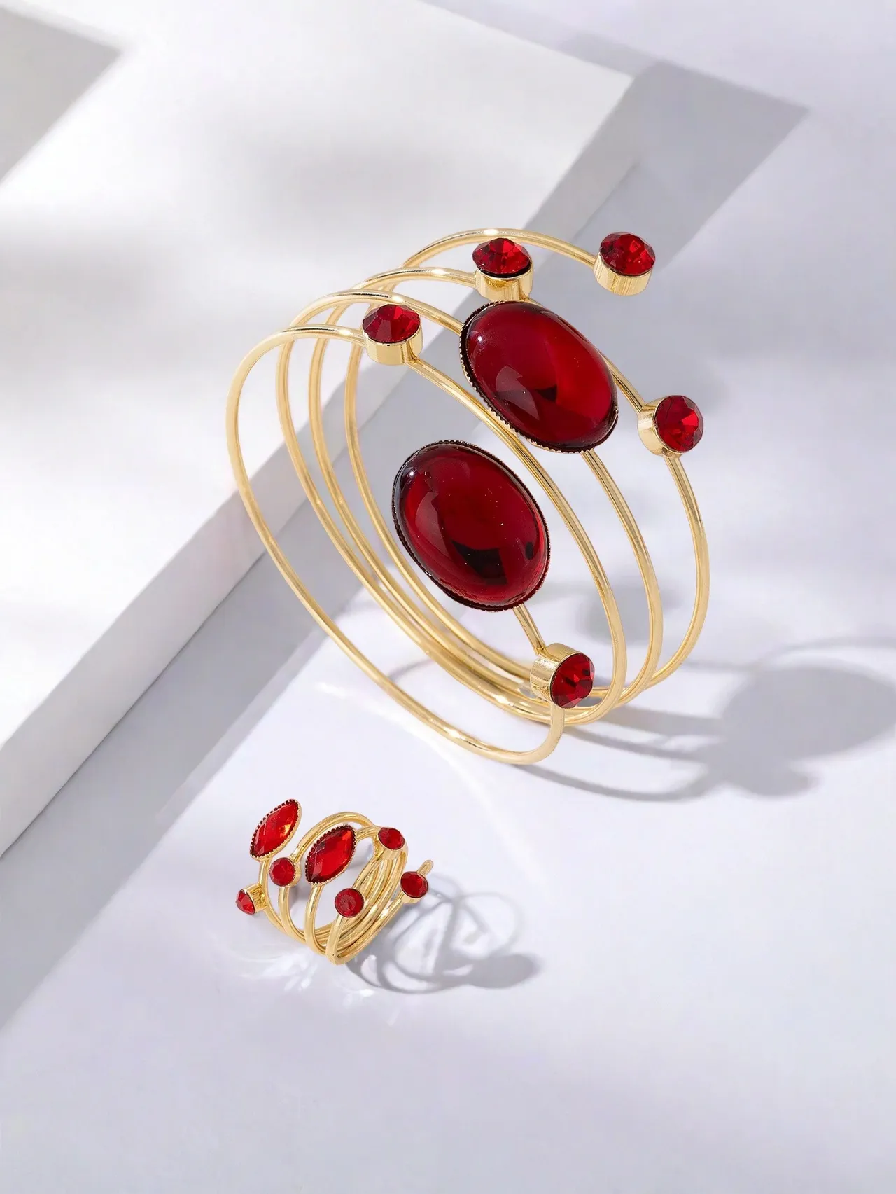 French Gem Rhinestone Round Line Winding Geometric Bracelet & Ring Set Adjustable Opening - Red