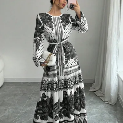 European And American Plus Size Women's Clothes New Printed Long Sleeve Dress Black - Shop at LoveMi