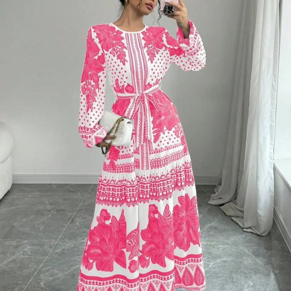 European And American Plus Size Women's Clothes New Printed Long Sleeve Dress - Pink 741147