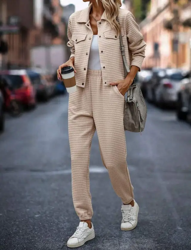 Long Sleeve Lapel Cardigan Casual Fashionable Trousers Apricot - Shop at LoveMi