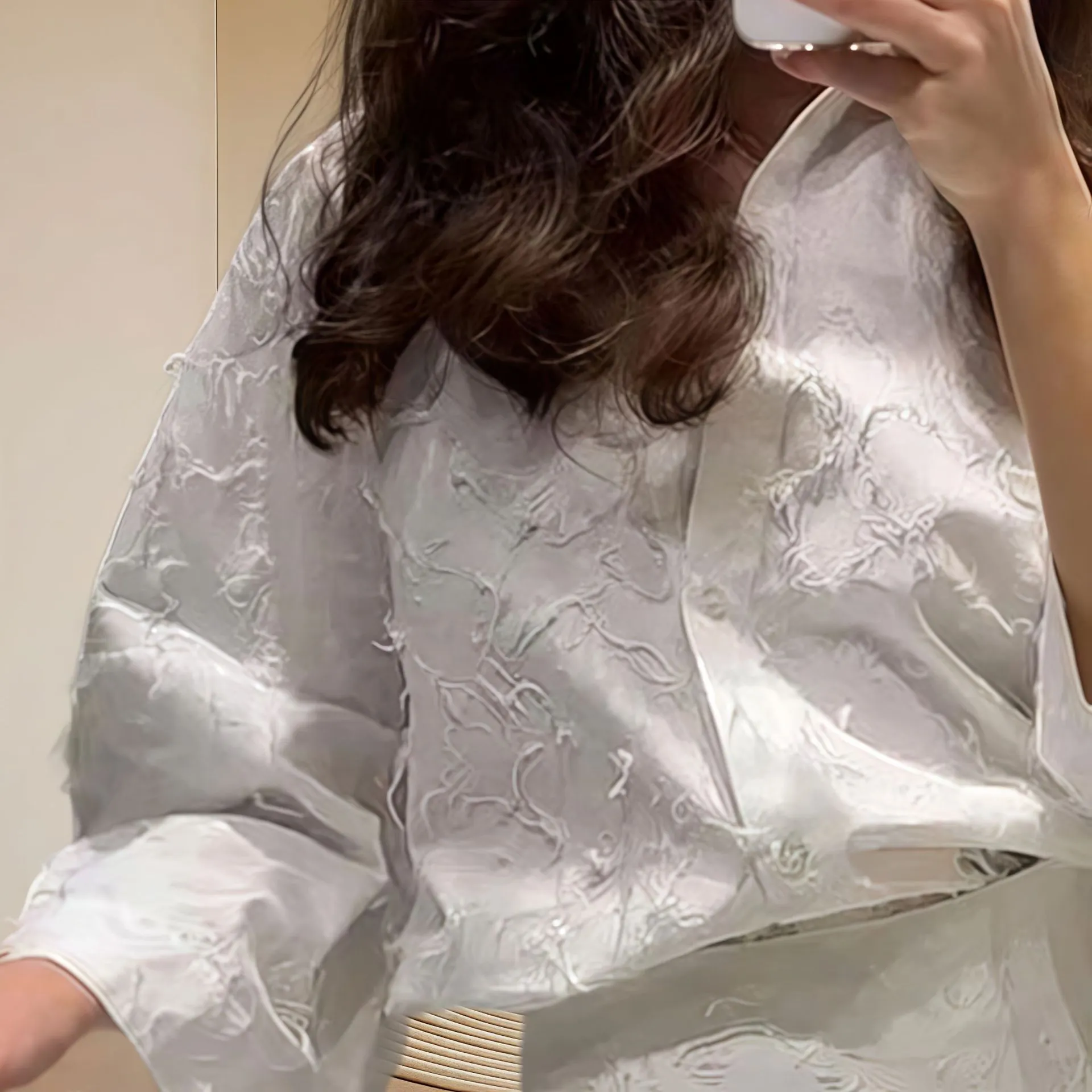 Textured A- Line Skirt Shirt Outfit Two-piece Set - Colored Top - View 1