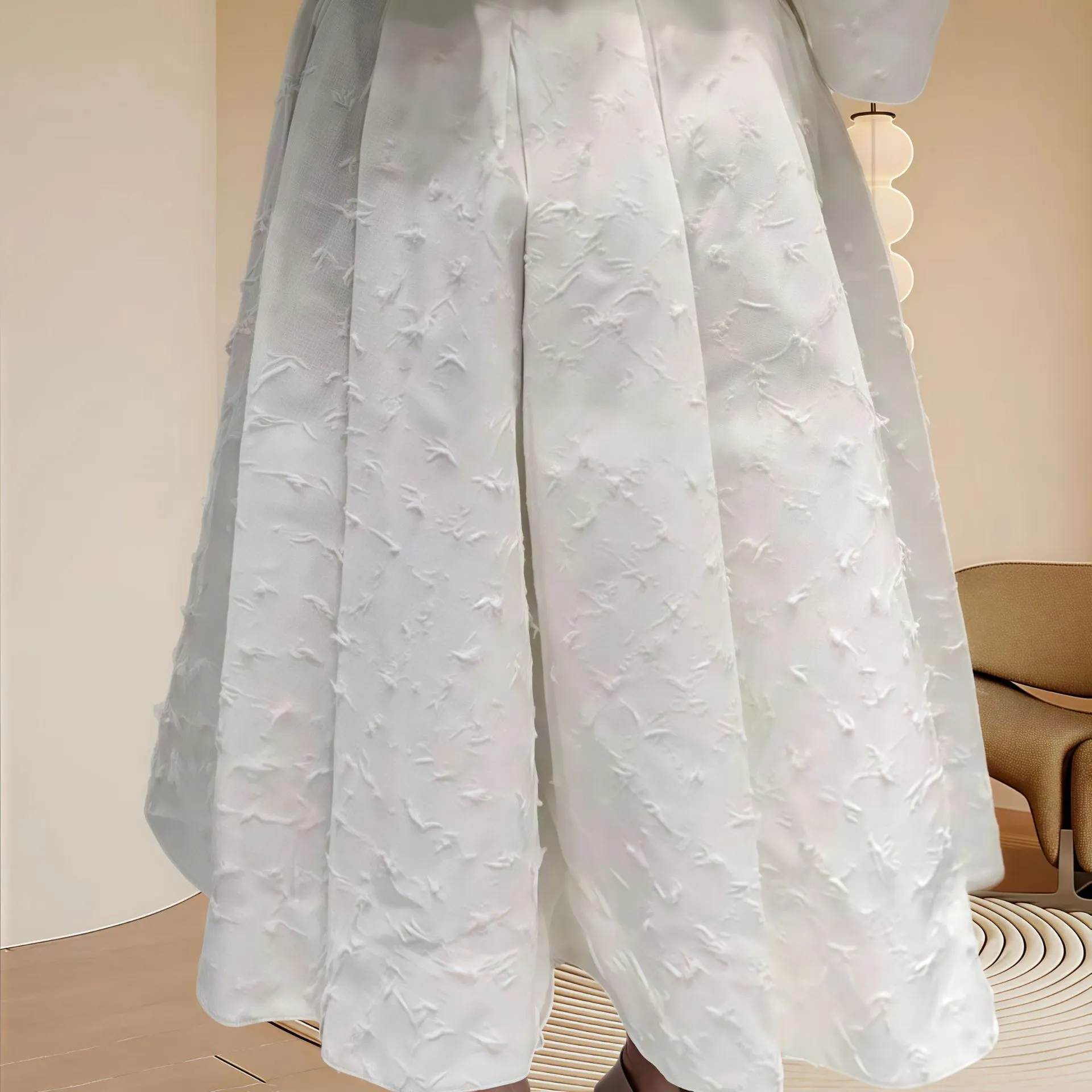Textured A- Line Skirt Shirt Outfit Two-piece Set - White Skirt