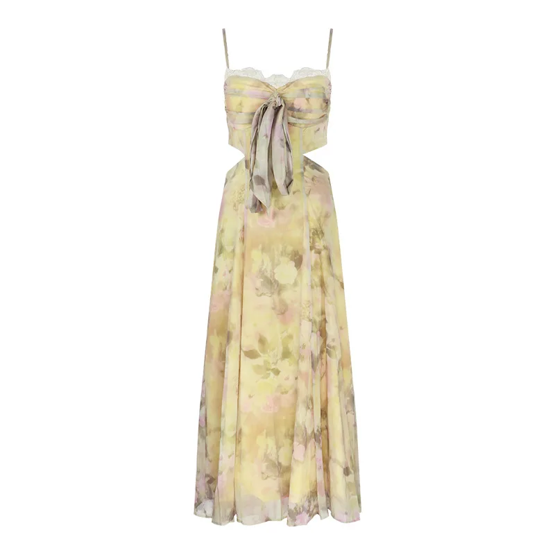 Lace Stitching Strap Printing Sling Slim Fit Holiday Dress Picture Color M - Shop at LoveMi