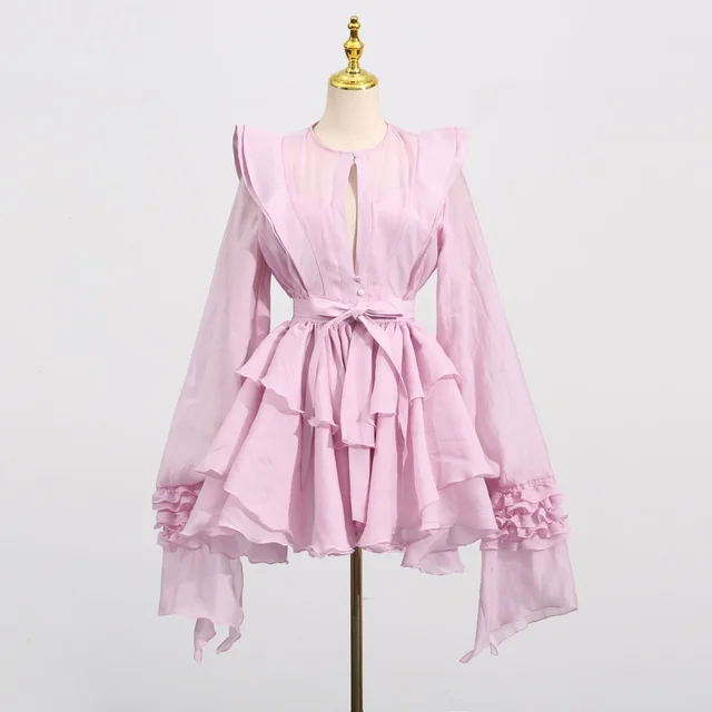 Women's Ruffled Lantern Sleeves Jumpsuit Skirt Pink - Shop at LoveMi
