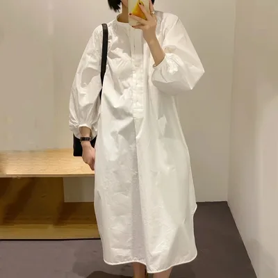 Stand Collar Puff Sleeve Shirt Dress Women Tan - Shop at LoveMi