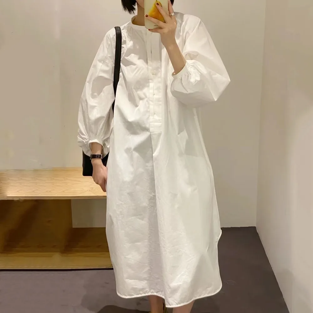 Stand Collar Puff Sleeve Shirt Dress Women - Tan