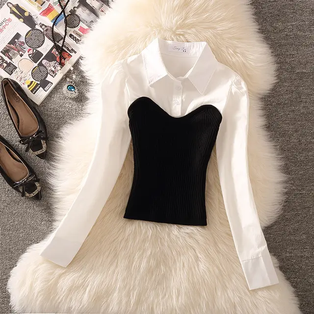 Women's Black And White Contrast Color Knitted Stitching Fake Two Pieces Shirts Black - Shop at LoveMi