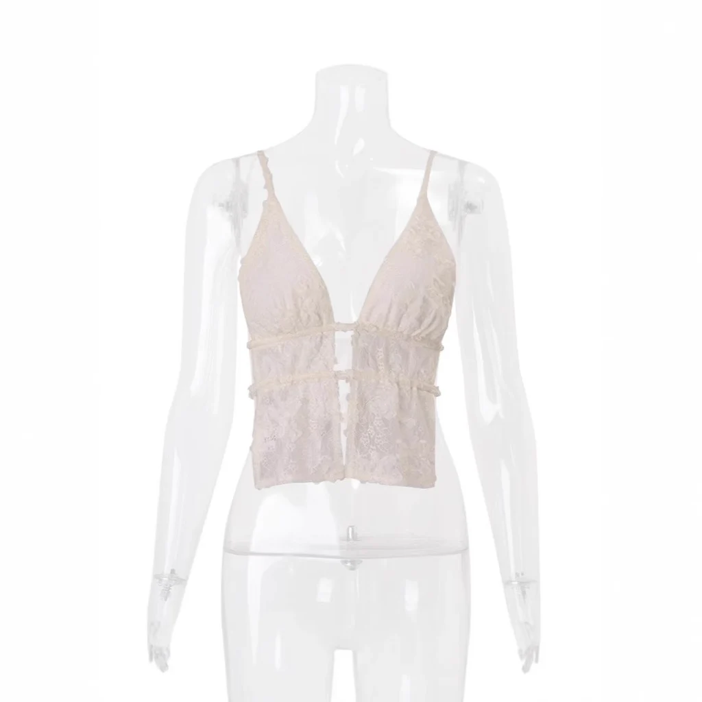 Strap Lace Stitching Halterneck Vest Women - Apricot