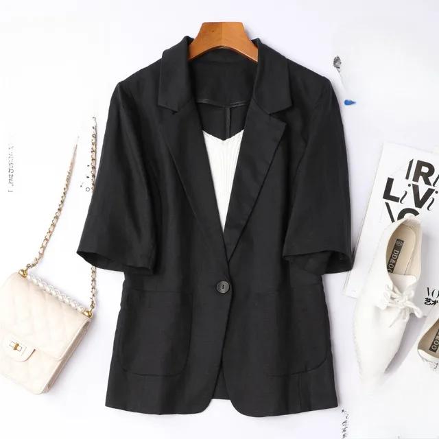 Women's Short sleeved Cotton And Linen Versatile Short Top Thin Coat Black - Shop at LoveMi