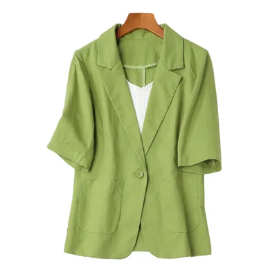 Women's Short sleeved Cotton And Linen Versatile Short Top Thin Coat Green - Shop at LoveMi