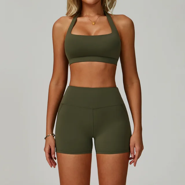Backless Yoga Clothes Suit Halter Tight Quick drying Workout Clothes Bra Shorts Rattan Green - Shop at LoveMi