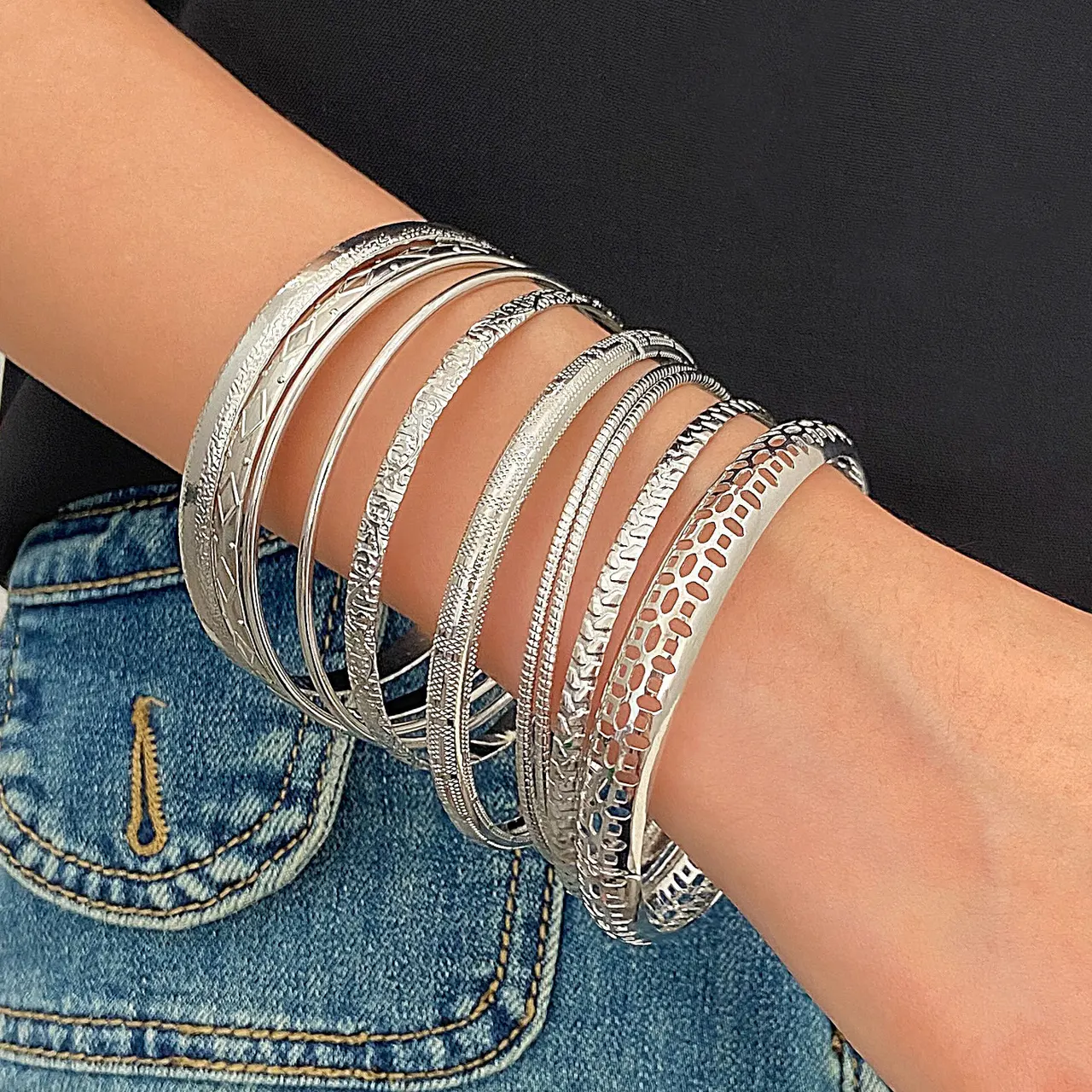 Ethnic Style Alloy Retro Wide Gold Glossy Wristband Bracelet Set - 05 White K908910 Pcs