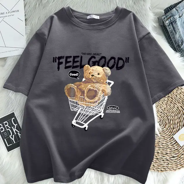 Cartoon Bear Short sleeved T shirt Women's Loose Top Dark Gray - Shop at LoveMi