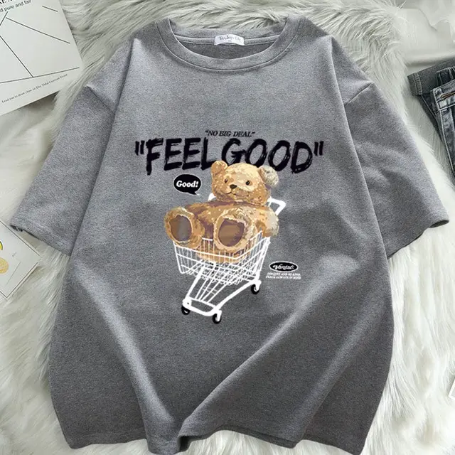 Cartoon Bear Short sleeved T shirt Women's Loose Top Light Gray - Shop at LoveMi