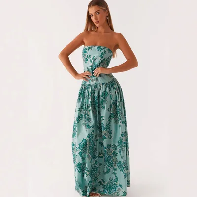Fashion Tube Top Printed Long Dress Women Green - Shop at LoveMi
