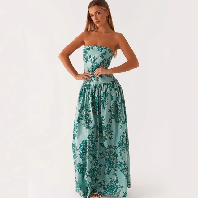 Fashion Tube Top Printed Long Dress Women Green - Shop at LoveMi