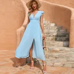 Sleeveless V-neck Casual Slit Midi Skirt - Light Blue