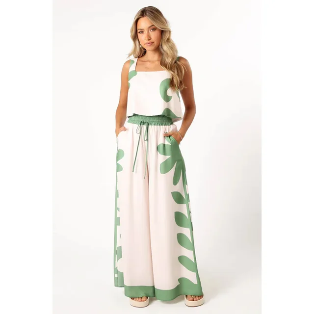 Women's Printed Elastic Waist Wide Leg Two piece Set Light Green - Shop at LoveMi