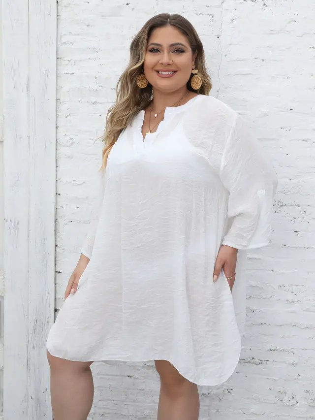 Women's Plus Size Beach Cover up Deep V Sexy Shirt Dress White - Shop at LoveMi
