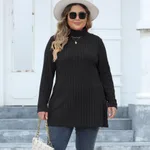 Women's Plus Size Turtleneck Slim Fit Striped Slit Mid-length Top - Black